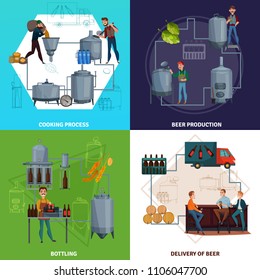 Workers during beer production including brewing process and bottling, product delivery cartoon design concept isolated vector illustration
