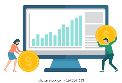 Workers earning money, financial graph report on monitor. Man and woman holding coins, symbol of investment or income, budget and computer vector