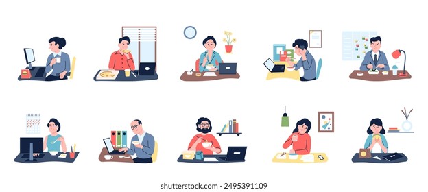 Workers eat at workplace. Office employees with fast food, eating pizza noodles soup and drink coffee. Freelancer has dinner or lunch, recent vector scenes