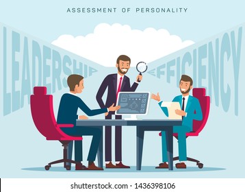 Workers Efficiency Assessment Flat Banner Template. HR Experts Evaluating Employees Leadership Skills. Cartoon Recruiter Testing Candidates Individual Traits, Characteristics in Personal Profile