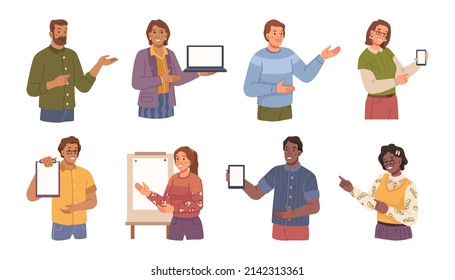 Workers and employees show presentations on whiteboards, laptop or tablet, smartphones. Vector flat cartoon characters set, people pointing for catching attention of viewers and auditorium