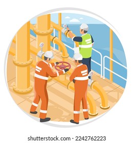 Workers and Engineer on Oil and Gas industry production hard worker laborer discovery processing platforms or offshore drilling natural gas in ocean isometric isolated vector