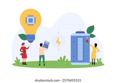 Workers explore innovative energy solutions with a large lightbulb, battery, and circuit. Adjusts controls, focusing on advanced energy technology vector illustration