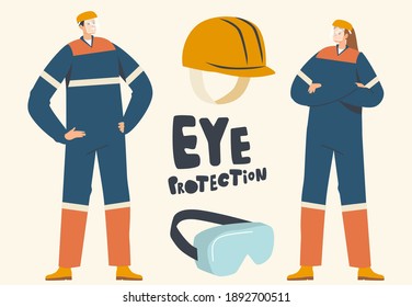Workers Eyes Protection on Manufacture Concept. Male and Female Characters in Working Uniform and Hardhat using Special Goggles for Vision Protection on Factory. Linear People Vector Illustration