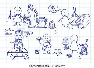 Workers fashion studio. Sewing and needlework doodle icons set. Vector illustration on notebook page.