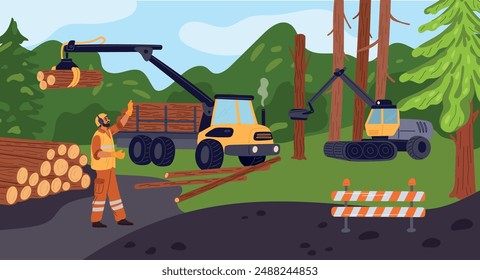 Workers felling forest. Trees deforestation. Woodworking industry. Professional machines moves logs. Forestry workman loading trunks into truck. Natural resources. Garish