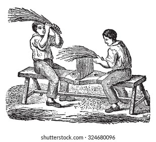 Workers fingering flax comb, vintage engraved illustration. Industrial encyclopedia E.-O. Lami - 1875.
