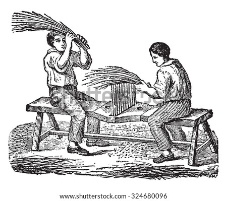 Workers fingering flax comb, vintage engraved illustration. Industrial encyclopedia E.-O. Lami - 1875.