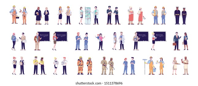 Workers flat vector characters set. Professional staff, labor. Jobs and occupations. Firefighters, soldiers, doctors, cleaners cartoon illustrations. Service industry personnel, employees