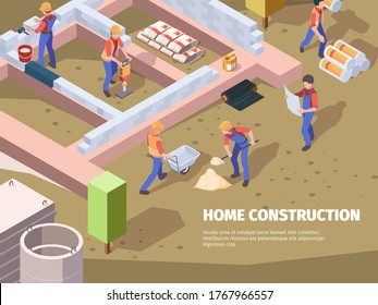 Workers Foundation Building. Architects And Builders Construct House Engineers Working Vector Isometric Background