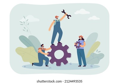 Workers with gear wheels and wrench flat vector illustration. Men in overalls serving female customer, fixing mechanism. Teamwork, occupation concept for banner, website design or landing web page