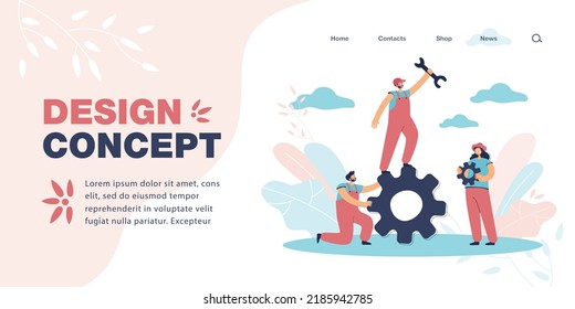 Workers with gear wheels and wrench flat vector illustration. Men in overalls serving female customer, fixing mechanism. Teamwork, occupation concept for banner, website design or landing web page