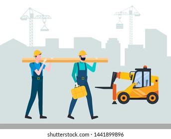 Workers going with log, forklift machine, skyscraper and jenny. Construction equipment, building technology, contactor and track, transportation vector