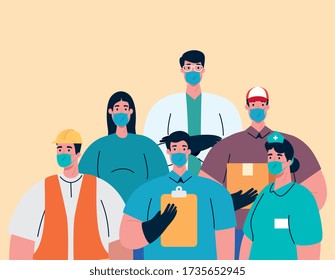 grupo de trabajadores que utilizan máscaras médicas para el diseño de ilustraciones vectoriales pandémicas de covid 19