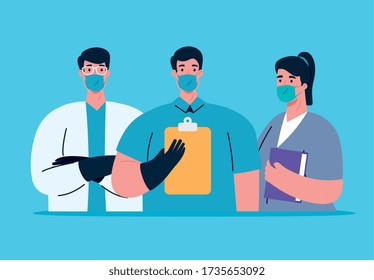 grupo de trabajadores que utilizan máscaras médicas para el diseño de ilustraciones vectoriales pandémicas de covid 19
