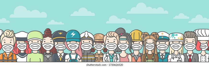 Workers group wear face mask for corona virus and pollution protection seamless pattern vector