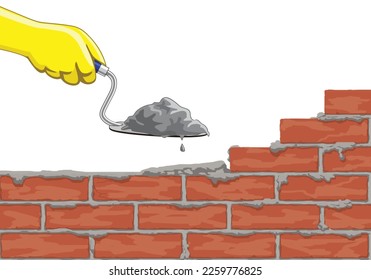 Worker's hand in brickwork, vector illustration isolated on white background, EPS