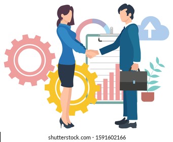 Workers handshake, employees collaboration, company success. Graph report and development icon, team cooperation, business contract, agreement vector
