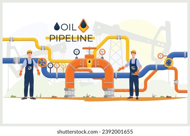 Workers in hard hats and safety vests are installing a gas pipeline. They are using heavy machinery to dig a trench, lay the pipe, and weld the joints together. The pipeline is located in a rural area