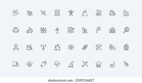 Workers helmet and repair tool, factory thin black outline symbols vector illustration. Robot and machinery of industry and manufacture, warehouse equipment and building line icon set