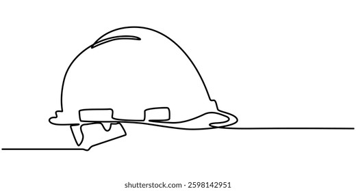 Worker's helmet. Safety tools for construction. One line continuous drawing. Contemporary artwork, Continuous single line sketch drawing safety helmet hardhat engineer architect head protection.
