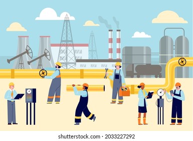 Workers in helmets and uniforms at oil production plant. Vector flat cartoon illustration of factory staff characters on background of buildings and pipes. Set of worker characters.