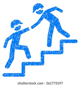 Workers Help grainy textured icon for overlay watermark stamps. Flat symbol with scratched texture. Dotted vector blue ink rubber seal stamp with grunge design on a white background.