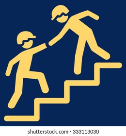 Workers Help vector icon. Style is flat symbol, yellow color, rounded angles, blue background.