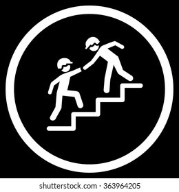 Workers Help vector icon. Style is flat circled symbol, white color, rounded angles, black background.