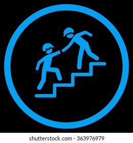 Workers Help vector icon. Style is flat circled symbol, blue color, rounded angles, black background.