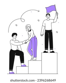 Workers helping each other outline. Men and woman at pedestals and podiums. Care and support for employees. Success and business leadership, motivation. Linear flat vector illustration