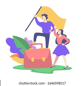 Workers hold banner and fight for rights, protest action, labor movement strike vector. Employees and work stoppage concept, man and woman with flag. Social community activity, civil position