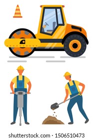 Workers holding drill and shovel, roadwork and asphalting. Side view of pressure machine and cone construction equipment, renovation or road. Vector illustration in flat cartoon style