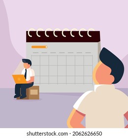workers with huge calendar for planning