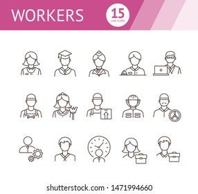 Workers icons. Set of line icons on white background. Courier, businessman, stewardess. Occupation concept. Vector illustration can be used for topics like career, skill, service