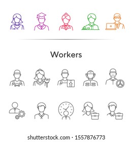 Workers icons. Set of line icons on white background. Courier, businessman, stewardess. Occupation concept. Vector illustration can be used for topics like career, skill, service