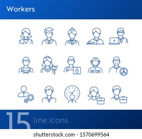 Workers icons. Set of line icons on white background. Courier, businessman, stewardess. Occupation concept. Vector illustration can be used for topics like career, skill, service