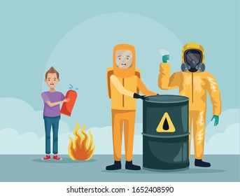 workers with industrial suit and boy using fire extinguisher vector illustration design