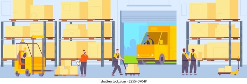 Workers inside warehouse. People work in hangar stockroom, storehouse staff forklift loading cargo container safety storage parcel supply packing goods splendid vector illustration