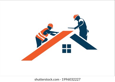 Workers inspect the house roof. Vector illustration. - Shutterstock ID 1996032227