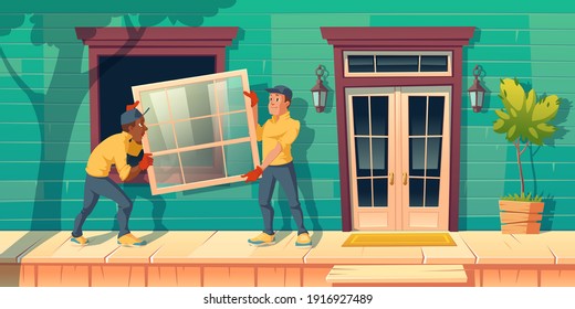 Workers install glass windows in house. Construction and repair work service. Vector cartoon illustration of modern cottage facade with wooden porch and handymen who carry plastic window