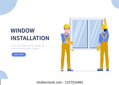 Workers install the new window.  Concept banner with text place.  Flat style vector illustration isolated on white background. 