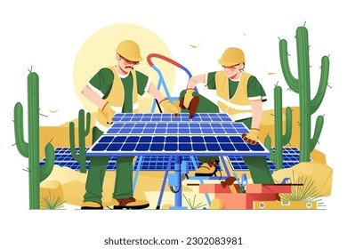 Los trabajadores instalan paneles solares en el desierto, ilustración vectorial. Concepto de generación de energía solar.