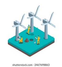 workers install wind turbines, isometric vector, in color on white background, green energy or clean electricity company