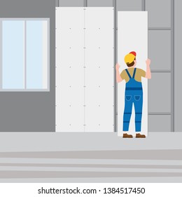 Workers installing gypsum plasterboard panels. Vector illustration, isolated. Construction industry, repair, new home, building interior