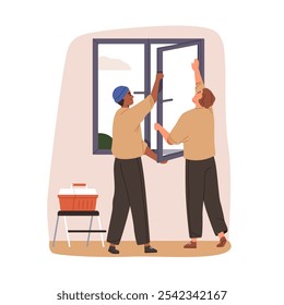 Workers installing new window. Installation, replacement. Replacing, changing glass frame, renovating apartment, home. House repair, renovation. Flat vector illustration isolated on white background