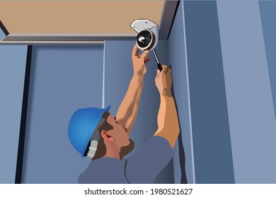 Workers are installing security cameras at home. Closed-Circuit Television function and digital media technology for home security system.