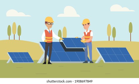 Workers installing solar energy panels. Vector illustration