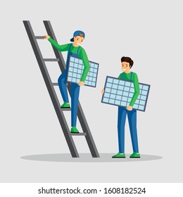 Workers installing solar panels vector illustration. Specialists setting photovoltaic module, engineer on ladder cartoon character. Using alternative energy, renewable power, sustainable lifestyle