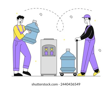 Workers installs water cooler linear. Men with plastic bottles in office. Couriers with fresh mineral drink in balloons. Doodle flat vector illustration isolated on white background